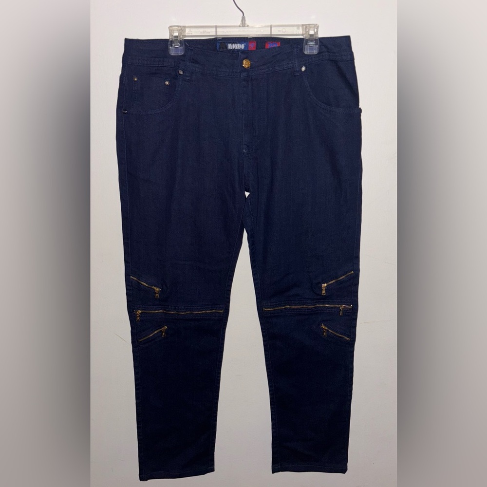 Mondo Dark Wash Navy Blue Jeans 38 x 34 Gold Zipper Biker Jeans Streetwear
